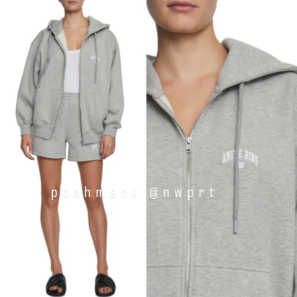Anine Bing Zane Hoodie Zip Up Sweatshirt Jacket Heather Grey White XXS XS - Picture 13 of 14